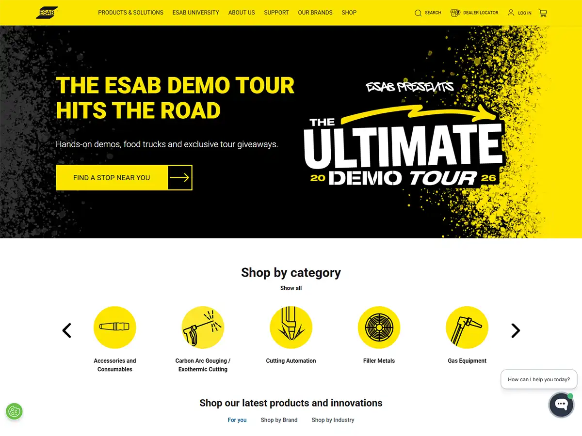 The second ESAB website redesign, built on Mura CMS, showing a clean, modern, and responsive layout.